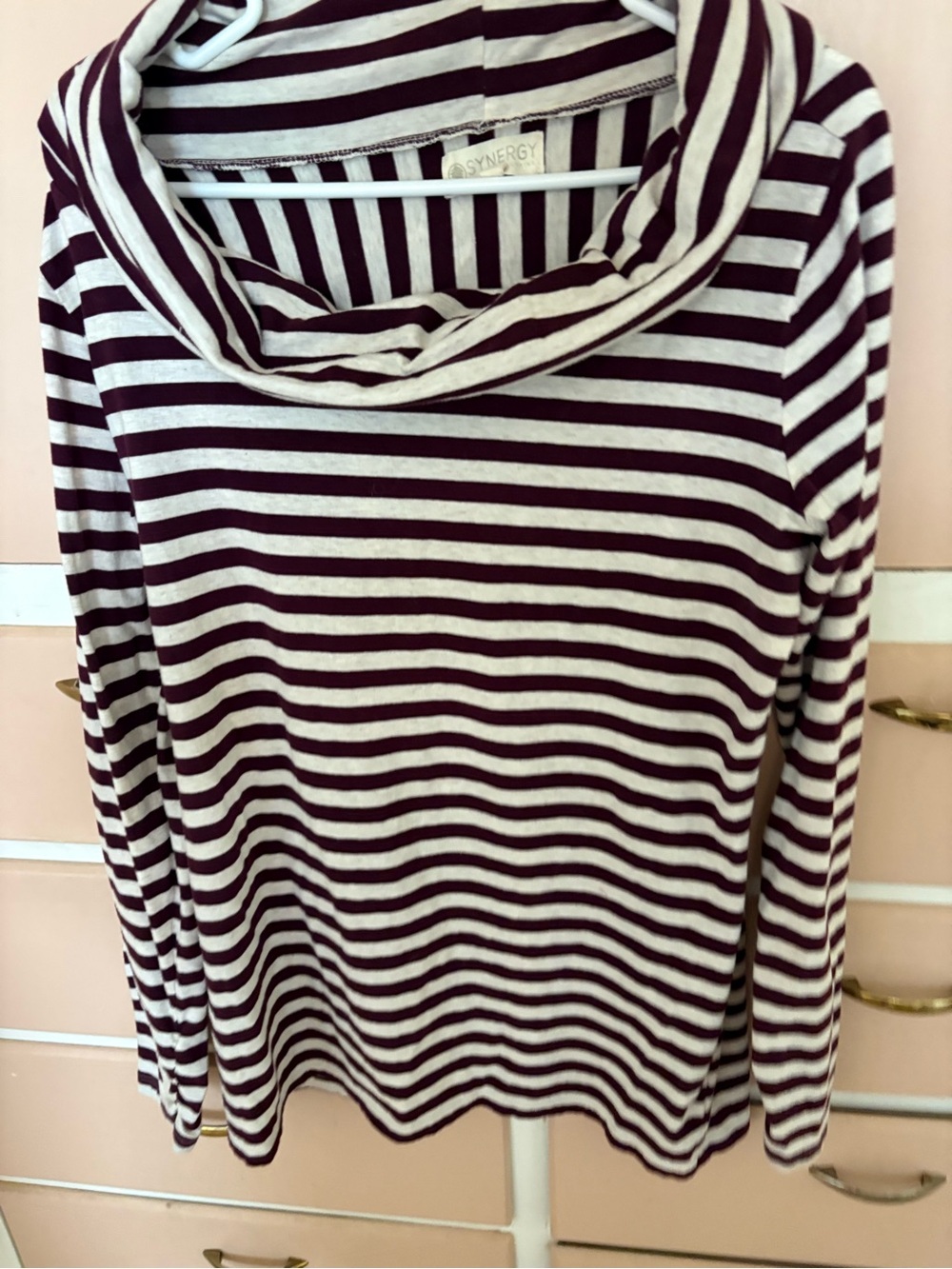 Synergy Organic Clothing Maroon & Cream Striped Cowl Neck Top